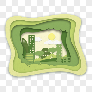创意有层次春天剪纸绿色立体春季植物房屋建筑云朵图片