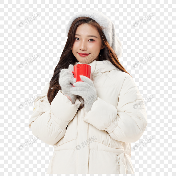 冬日女孩手捧红色马克杯图片