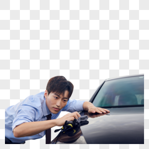 白领男性擦拭汽车外部漆面高清图片