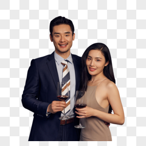 商务情侣在酒会上手拿红酒杯形象图片