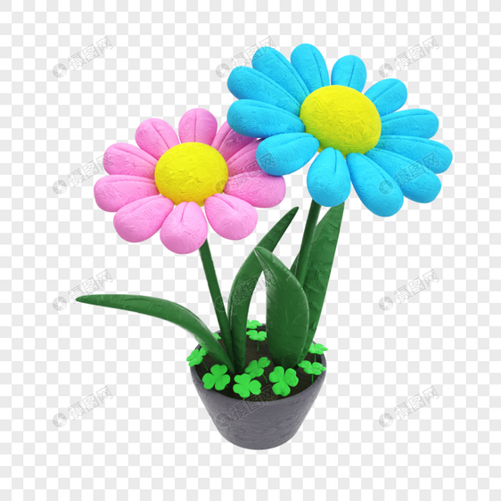 3D卡通粘土风格蓝粉色花朵模型元素图片