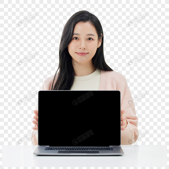 年轻女性展示电脑屏幕图片