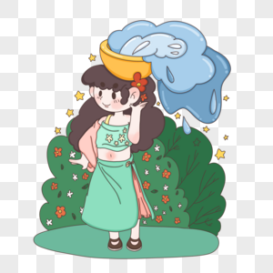 夏日泼水节手绘卡通女孩图片素材