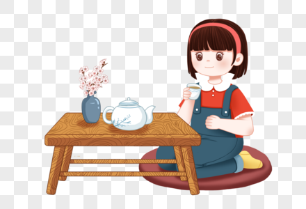 喝茶的女孩悠闲喝茶高清图片