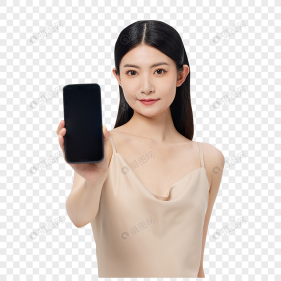 展示手机屏幕的年轻女性图片