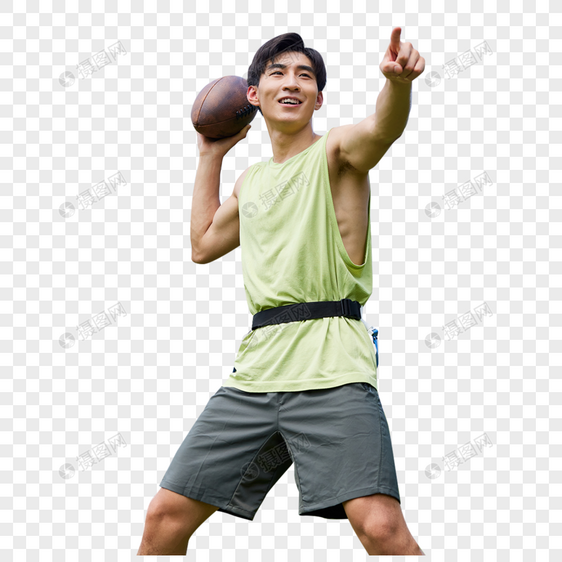 男青年玩腰旗橄榄球指挥队友跑位图片