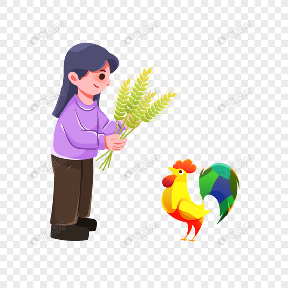 拿着麦穗喂公鸡的女人图片