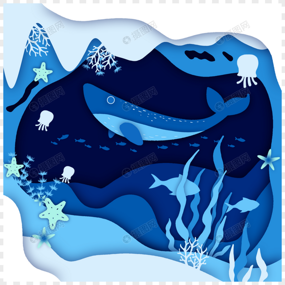 卡通剪纸风世界海洋日鲸鱼元素图片