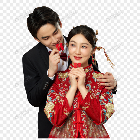 甜蜜夫妻结婚照手拿喜字图片