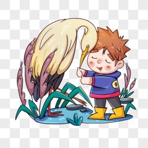 白露节气白鹭和小男孩在芦苇边插画元素图片