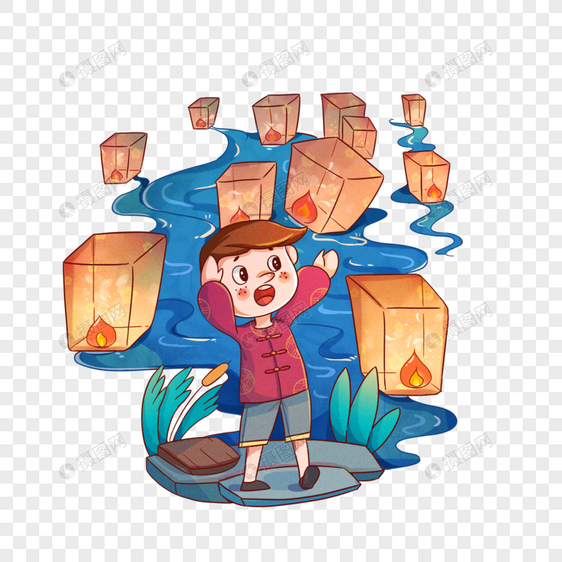 中元节放河灯的小男孩元素插画图片
