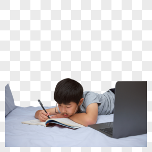 趴在床上疲惫写作业的男孩图片