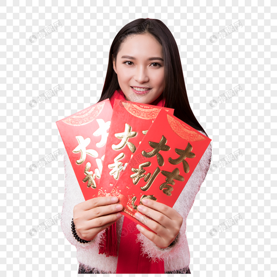 拿着红包的女性新年人像图片