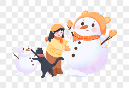 小猫和女孩堆雪人高清图片