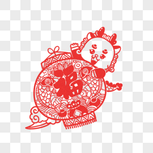手绘2024春节龙年红色剪纸龙与灯笼喜庆元素高清图片