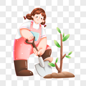 植树节卡通女孩种植树苗植树场景图片