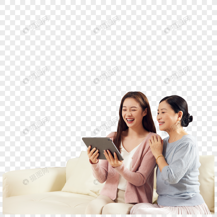 家庭母女一起看平板电脑图片