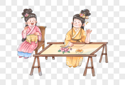 古代少女做刺绣图片