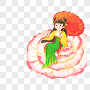 少女坐在牡丹花上打伞图片