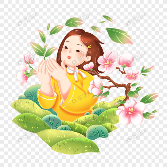 春天女孩卡通人物花卉植物组合场景图片