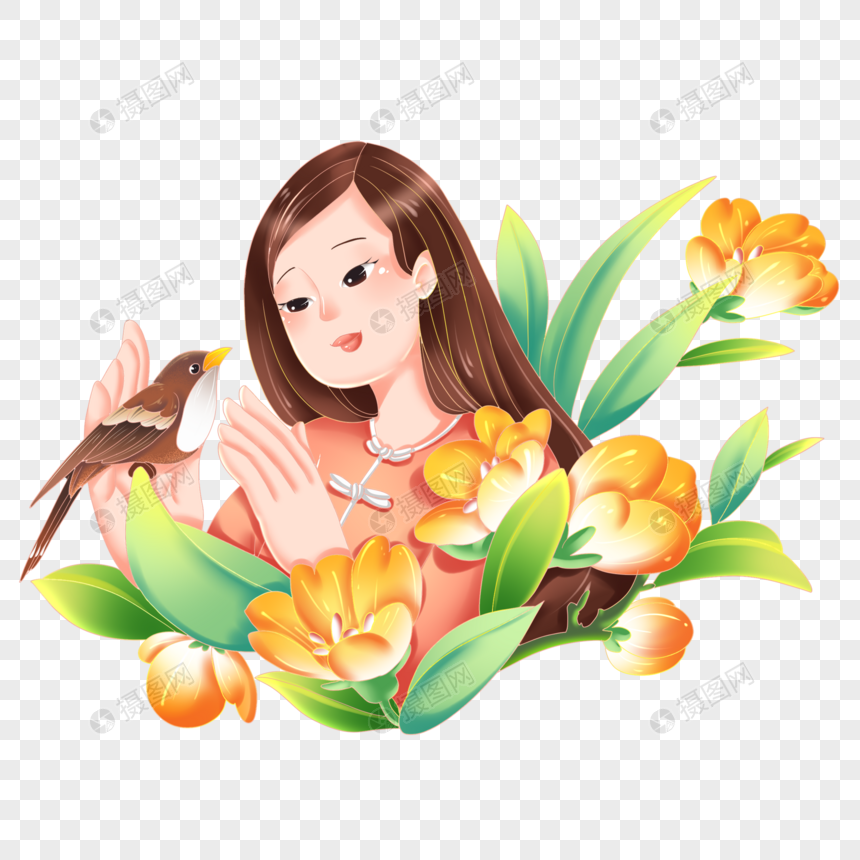 春天春季女性和鸟类花卉场景装饰组合图片