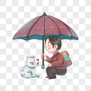 男孩下雨天帮小动物打伞图片