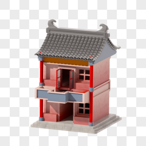 c4d立体卡通古建筑两层楼3d插画元素图片