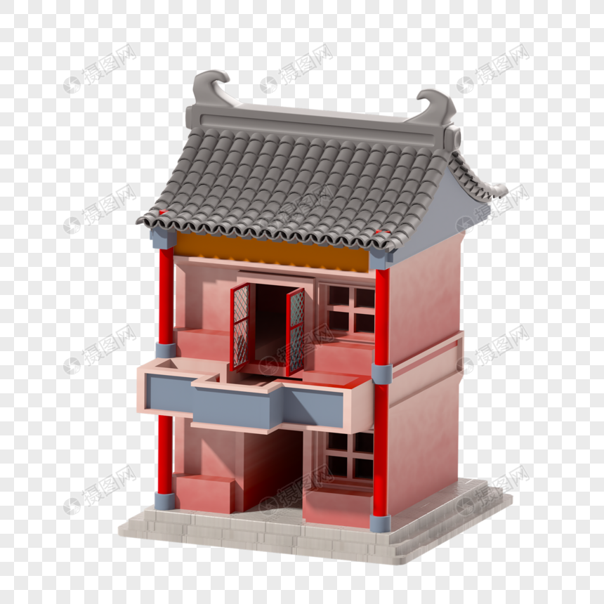 c4d立体卡通古建筑两层楼3d插画元素图片