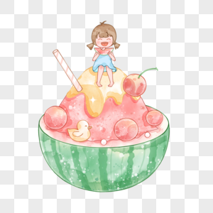 夏天坐在奶油上吃西瓜的女孩高清图片