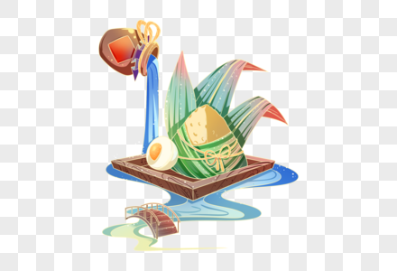 国潮风端午节放在托盘上的粽子和蛋黄高清图片