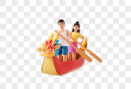 C4D端午节粽子3d男孩女孩一起划龙舟形象图片