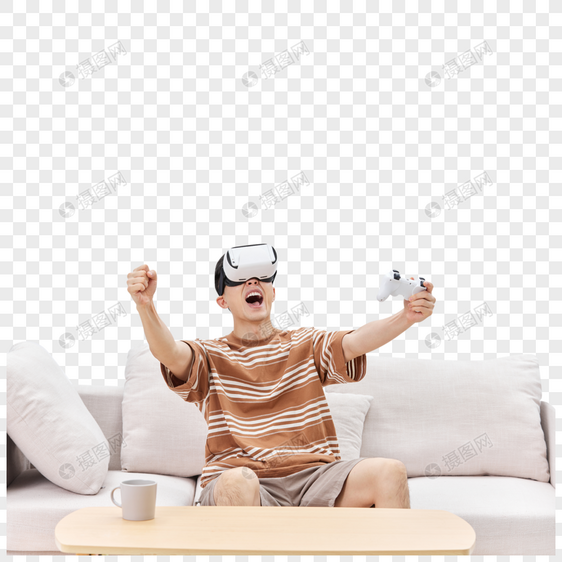 居家男性体验VR眼镜玩游戏胜利图片