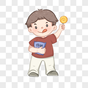 儿童节抱着薯条开心吃棒棒糖的男孩图片