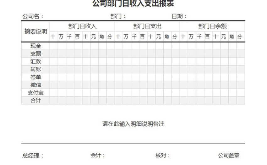 公司部门日收入支出报表