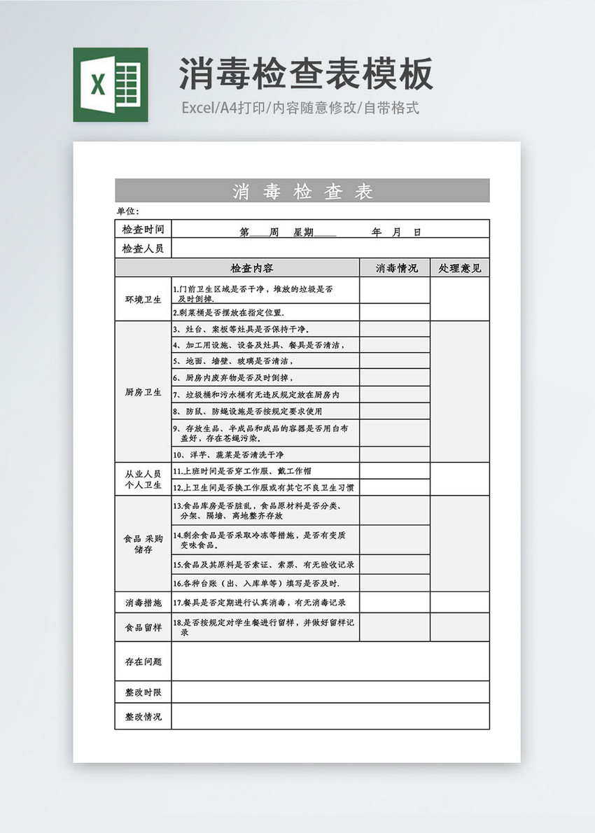 消毒检查表excel模板