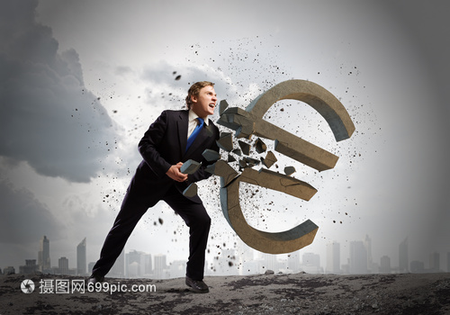 货币轻商人打破石头欧元标志货币