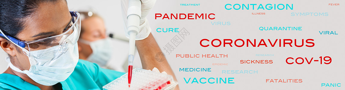 全景女性亚洲医学科学研究员科学家或女医生戴着面罩,医学研究实验室或实验室用移液管血样与她的同事全景冠状病毒covid1图片