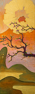 樱花金色的太阳幅画中村开花金色太阳富士山的油画图片