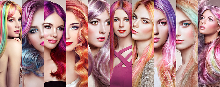 美丽时尚拼贴女孩五颜六色的染发女人的脸化妆粉红色发型完美的女孩背景图片