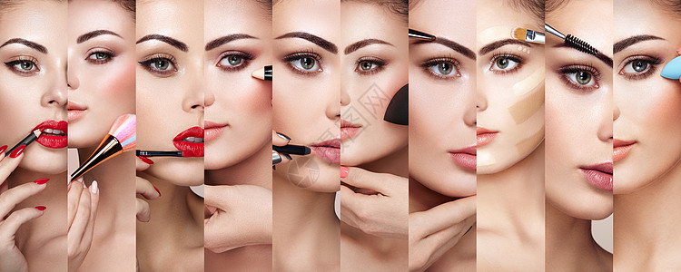 化妆的女人的拼贴脸化妆细节完美皮肤的美容模特化妆师的工作图片