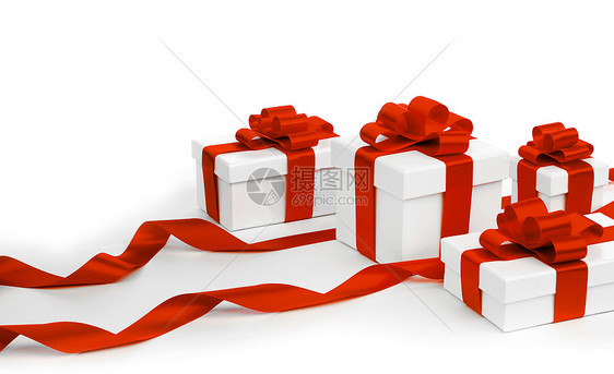 白色礼品盒,红色丝带隔离白色背景上图片