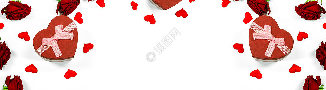 红色心形礼品盒,玫瑰纸心隔离白色背景上红心礼盒配玫瑰图片