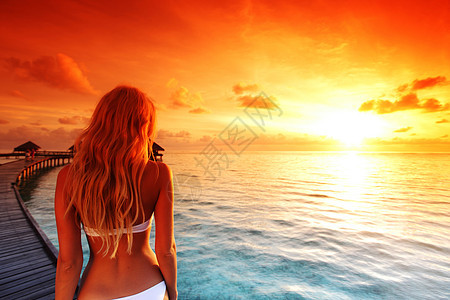女人穿着比基尼座桥上,家乡的大海马尔代夫的日落背景上女人穿着比基尼马尔代夫日落图片