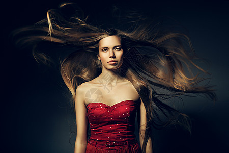 穿着红色长风头发的漂亮女人图片