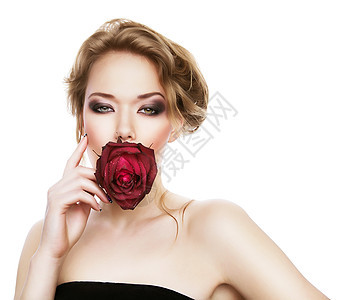 性感的年轻女人白色背景的玫瑰图片