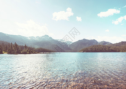 平静的景色山湖边,岩石平静的水中反射图片