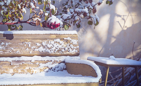 冬天花园里的长凳上飘着堆雪背景图片