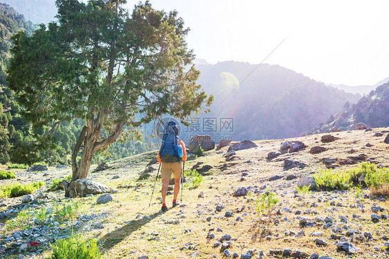 夏天山上的背包客图片