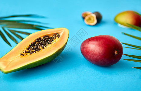 异国情调的水果,食物夏季木瓜芒果的蓝色背景蓝色背景的木瓜芒果图片