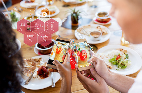 技术,饮食人的双手与鸡尾酒饮料梅森罐杯智能手机屏幕营养价值图表餐厅手电话食物营养价值图表图片